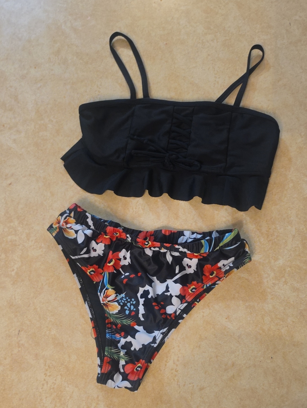 Girls Black Ruffle Bikini Top with Floral Bikini Bottom - Kids Swim